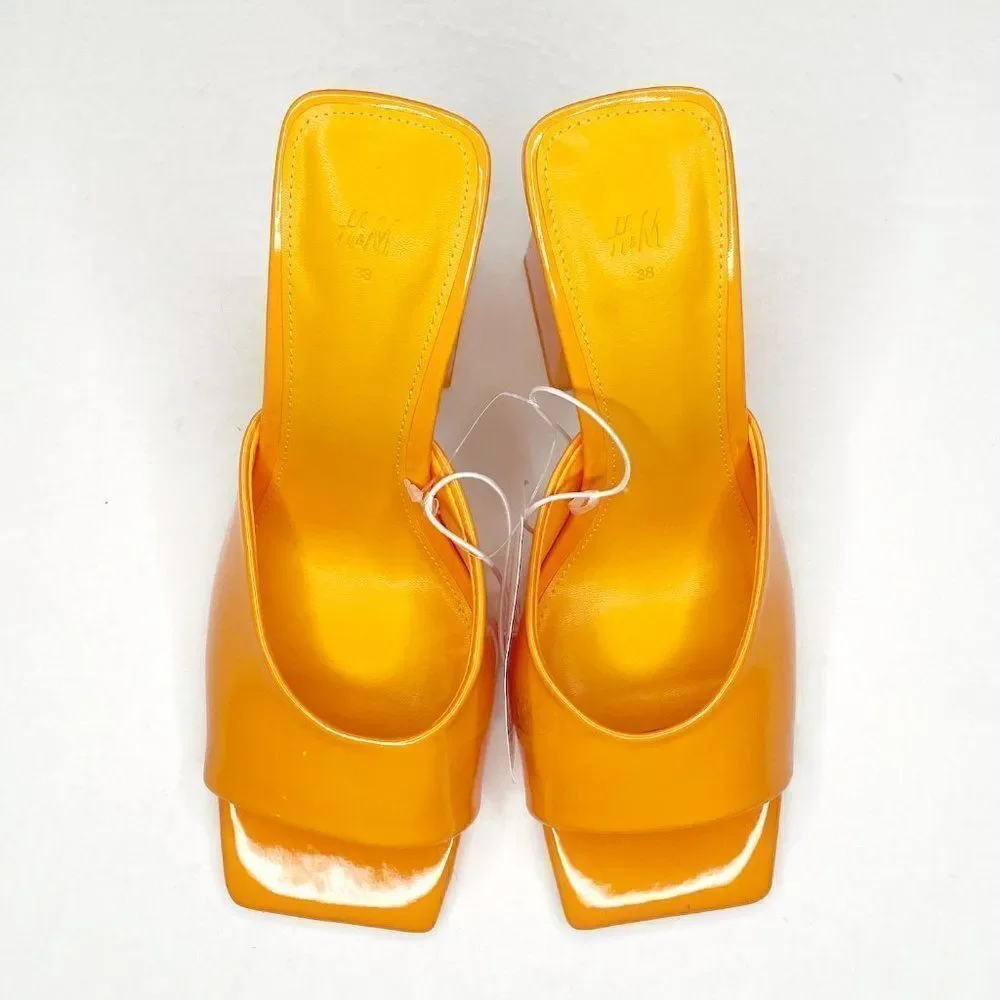 H&M Square Toe Chunky Heel Patent Mules Sandals in Yellow Orange Size 7 NEW - Picture 3 of 11